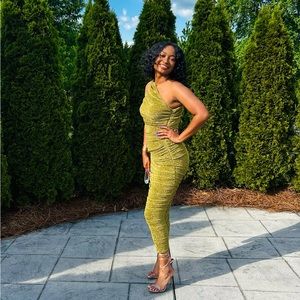 Gold Glitter Plisse Ruched One Shoulder Dress